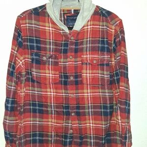 Cactus Man Red Plaid Button-Up Shirt with Hood